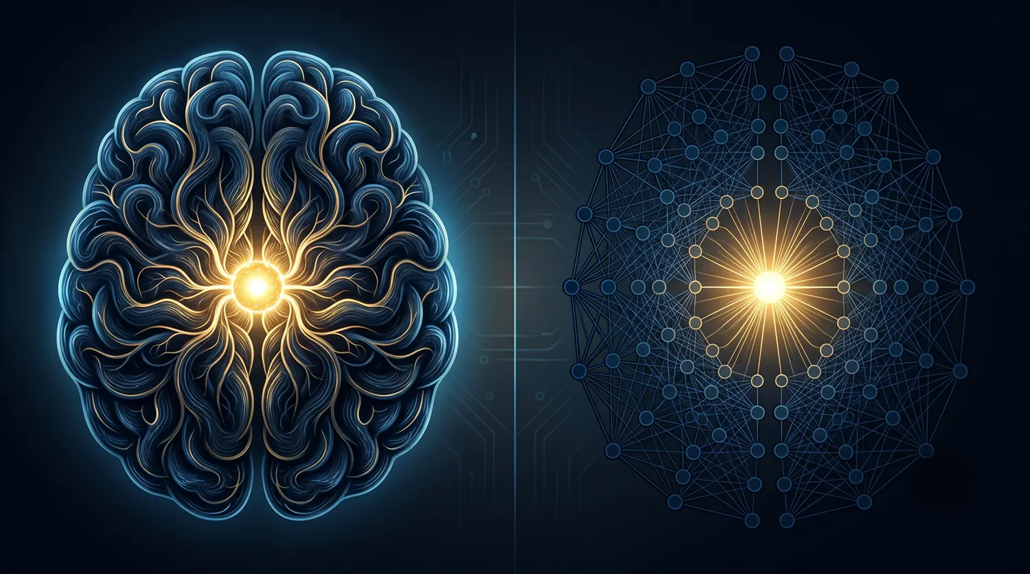 Comparación visual entre un cerebro humano y una red neuronal artificial, ambos con un núcleo luminoso central
