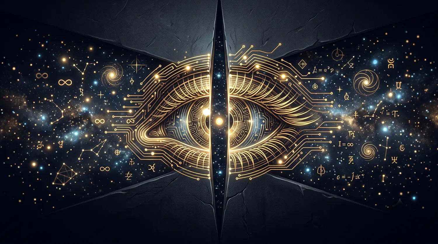 Ojo digital dividido entre circuitos y cosmos, simbolizando la mirada hacia el interior de una IA
